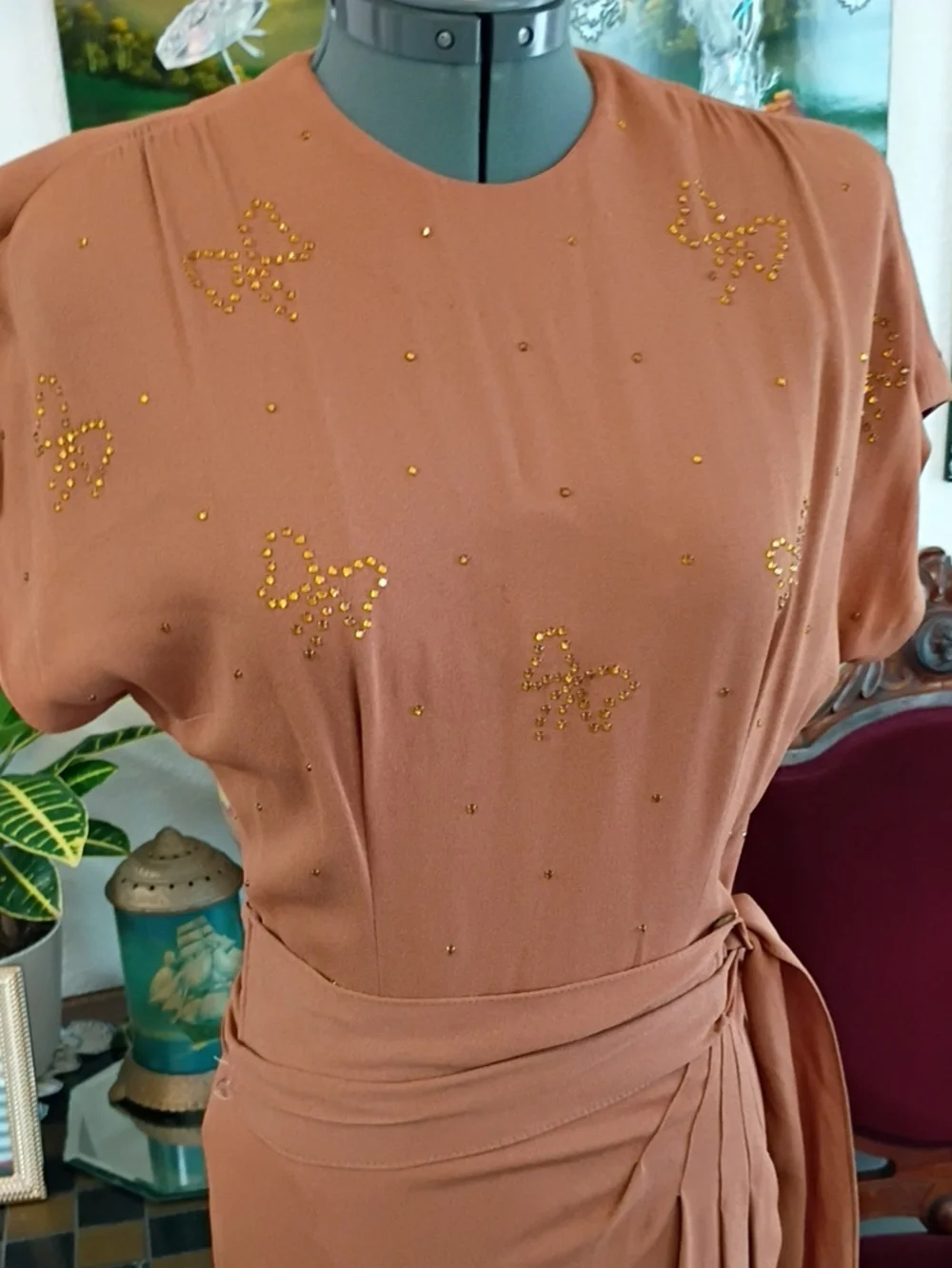 Vintage 1940s Orange Cocktail Dress Size Extra Small - Picture 3 of 8